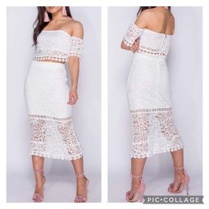 White Crochet Lace Crop Top & Midi Skirt Set